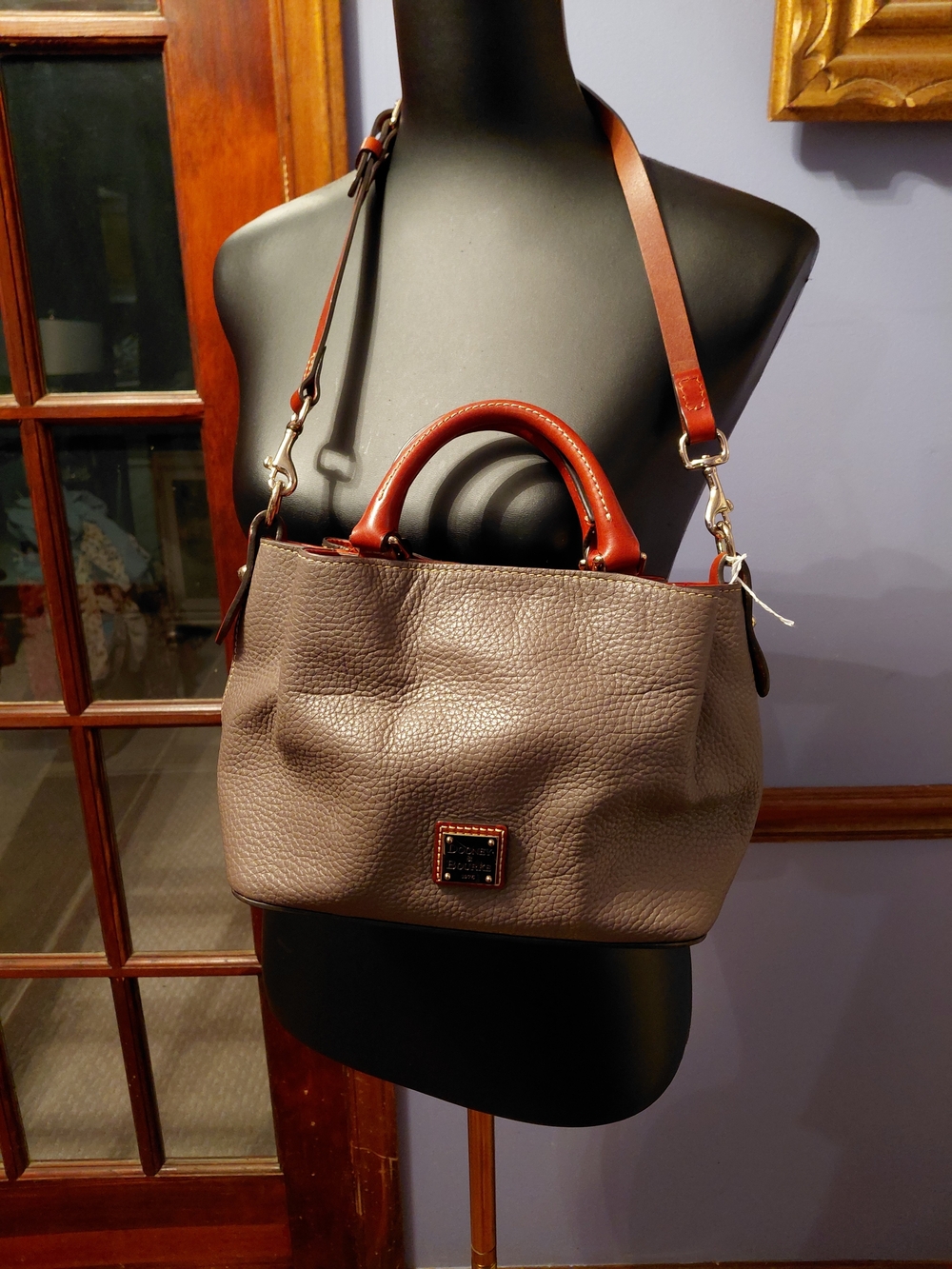 Dooney & Bourke Pebble Leather Satchel in Taupe with Chestnut Trim